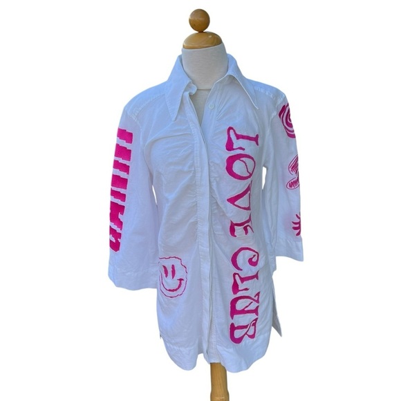 Ganni Love Club Ruched Button Front Tunic Embroidered Organic Cotton Linen XS - Picture 1 of 13